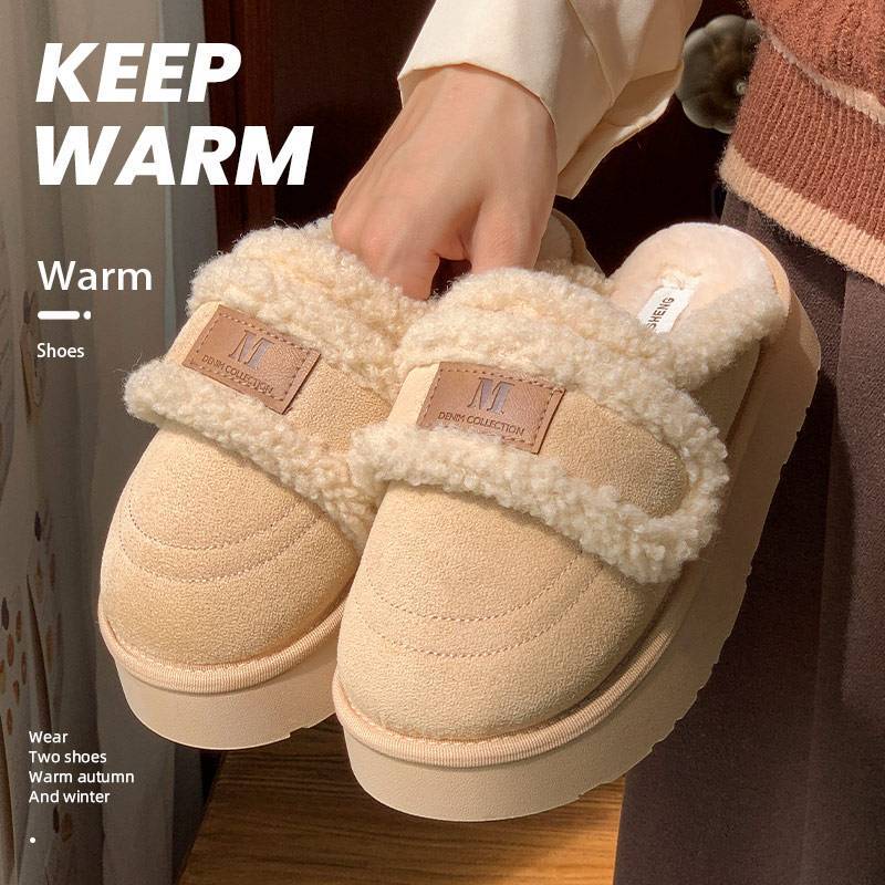 Zapatillas de algodón velcro para mujeres invierno 2025 nuevo estilo de hogar interior antideslizante fondo grueso calentamiento de peluche para mujeres invierno