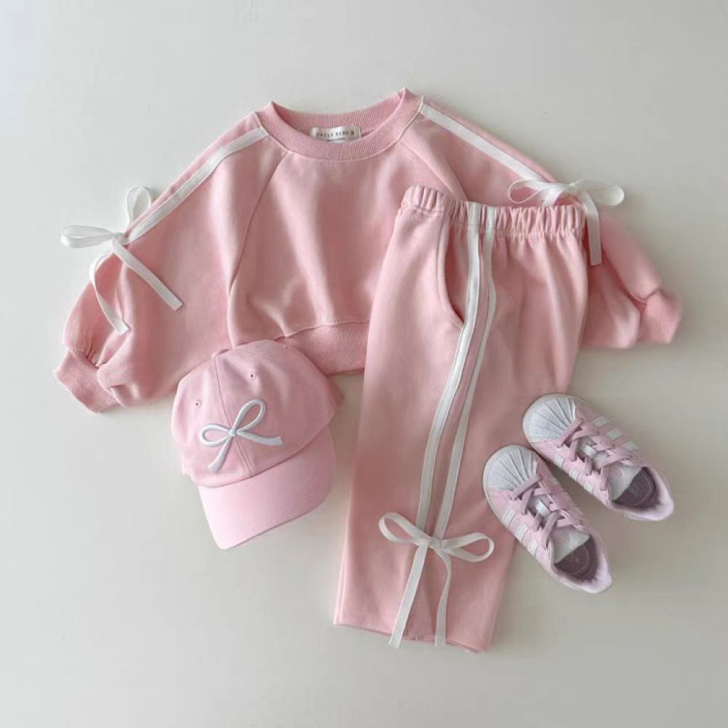 New Children's Long-Sleeved Suit for Spring and Autumn Sports, Baby Girl's Bow-Knot Patchwork Sweatshirt Suit, Two-Piece Set for Boys and Girls