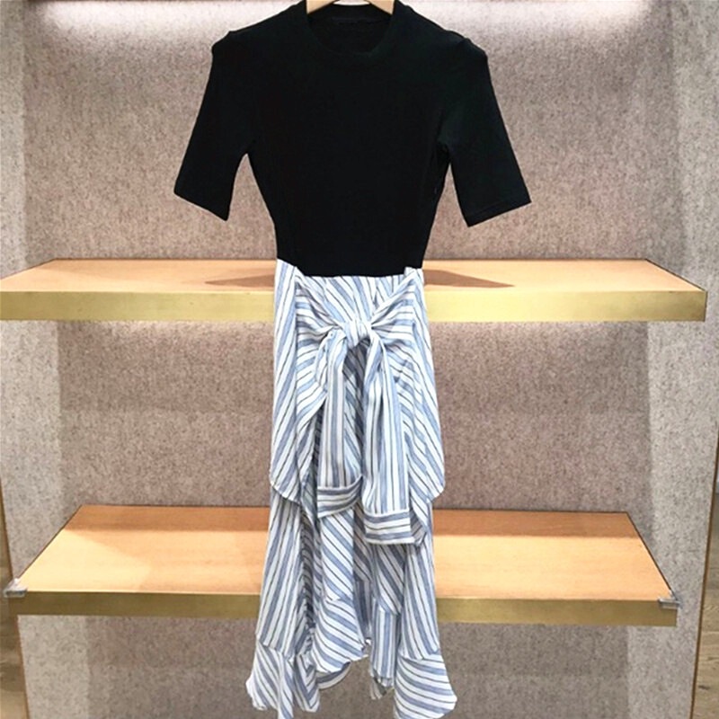 2025 Spring/Summer Black Patchwork Striped T-Shirt Round Neck Knitted Short Sleeve Over-The-Knee Long Dress Women's Color-Block Design