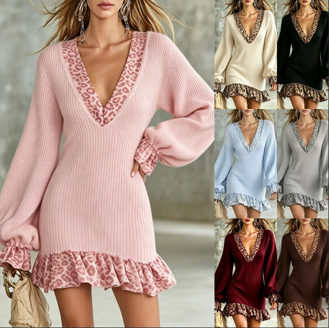 2026 Cross-Border European and American Autumn/Winter New Leopard Print Patchwork Deep V-Neck Knit Dress Lantern Sleeve Ruffle Short Dress