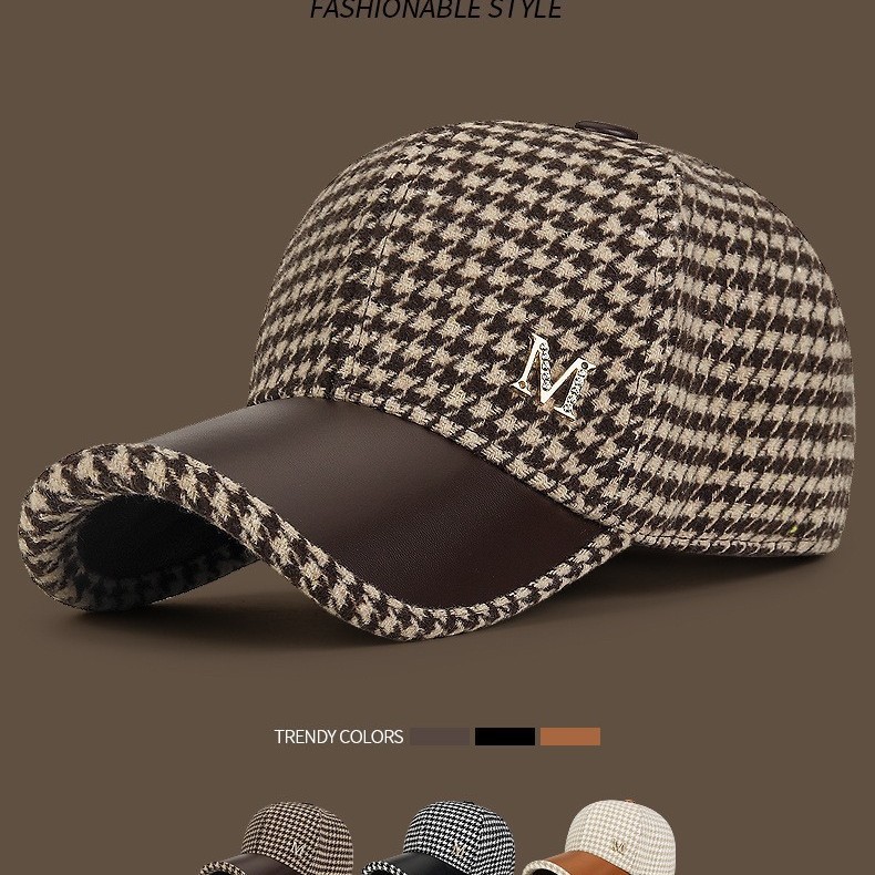 New Autumn/Winter Houndstooth M-Logo Woolen Baseball Cap, Korean Style Versatile Chic Duckbill Hat for Women and Young Adults