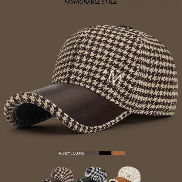 New Autumn/Winter Houndstooth M-Logo Woolen Baseball Cap, Korean Style Versatile Chic Duckbill Hat for Women and Young Adults
