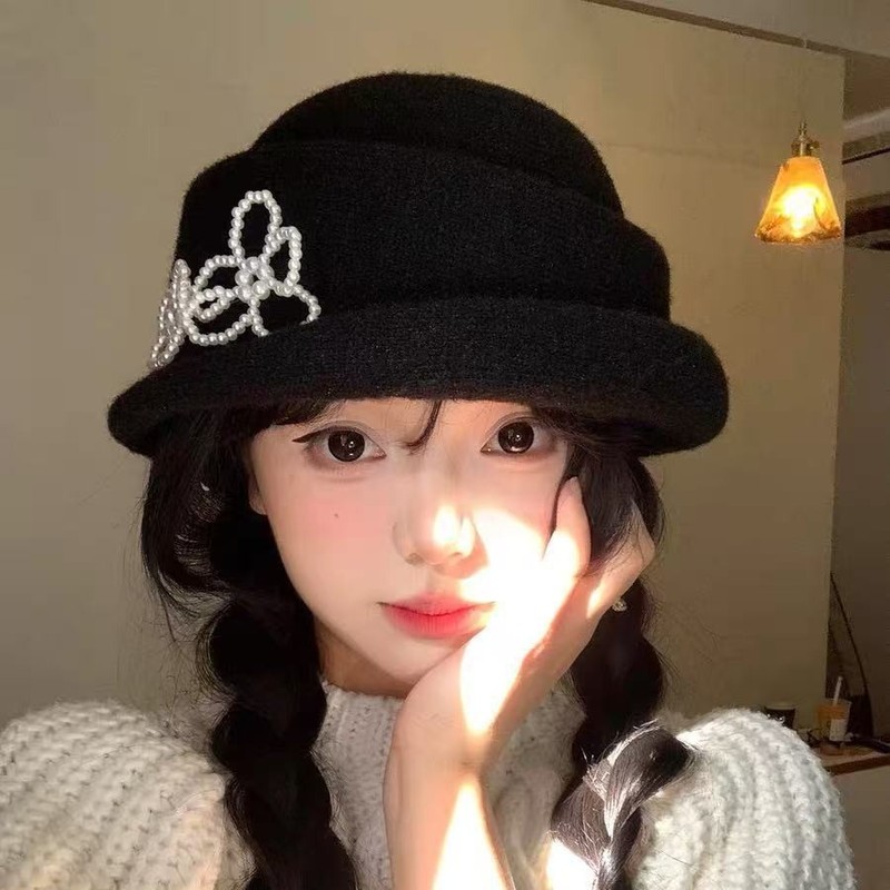 珍珠花朵千金帽子女春秋季法式复古优雅礼帽显脸小黑色针织马术帽|undefined