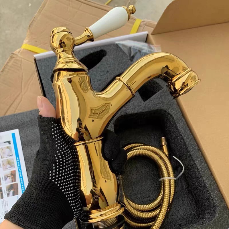 French Retro Pull-out Faucet Brass Basin Wash and Wash Bathroom Ceramic Handle Golden Hot and Cold Faucet French Retro Pull-out Faucet Brass Basin Wash and Wash Bathroom Ceramic Handle Golden Hot and Cold Faucet