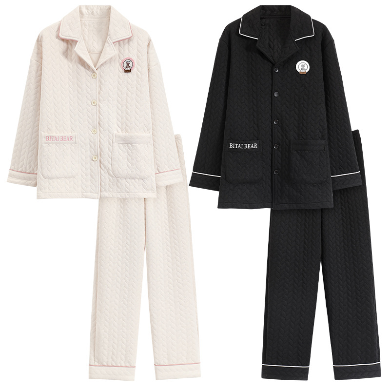 Nuevo aire sándwich de algodón pijamas de las mujeres del otoño y el invierno engrosado cálido coreano lindo de la historieta de los hombres desgaste del hogar traje