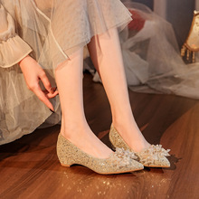 3386-12不累脚香槟色内增高主婚纱女秀禾法式细闪闪水晶婚鞋女