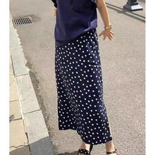 深蓝色2024夏秋新品韩国东大门中长款藏青波点开叉半裙A字半身裙