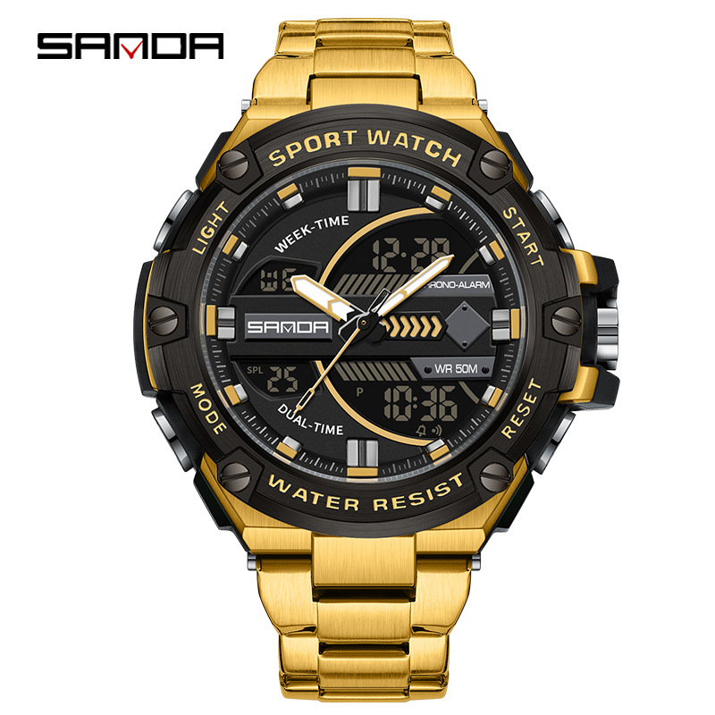 Reloj electrónico Sanda SANDA Reloj multifuncional para hombre Reloj despertador luminoso impermeable Serie deportiva Estilo de metal