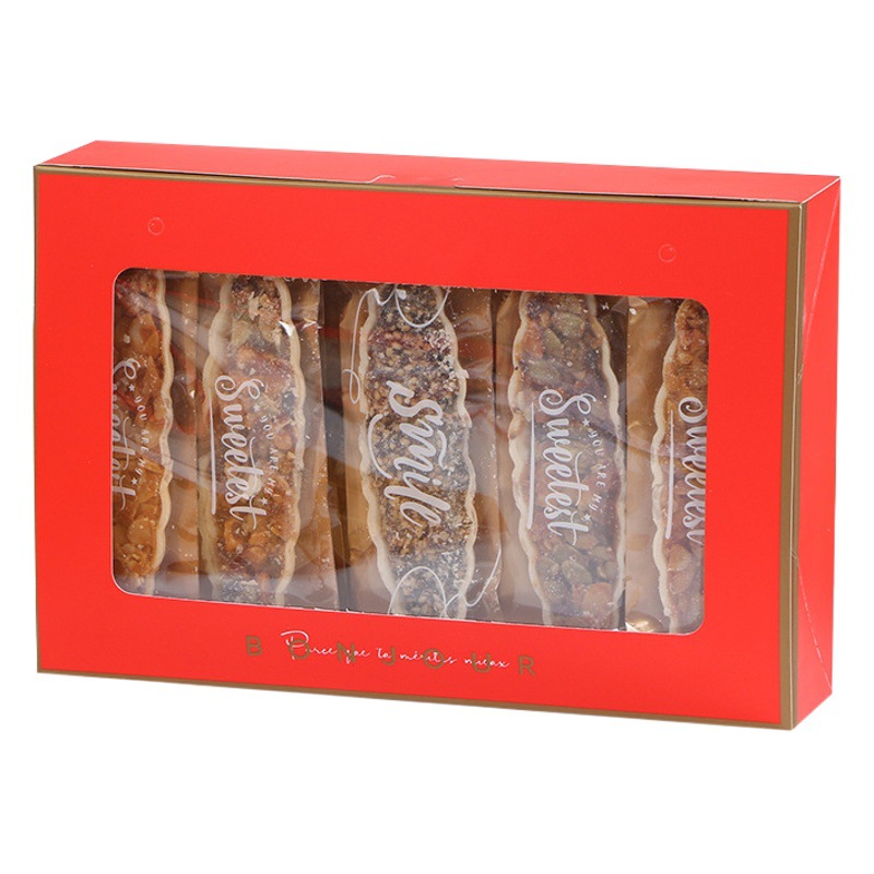 Ventana abierta transparente rojo Año Nuevo Caja de galletas portátil para hornear copo de nieve caja de dulces crujientes pastelería arroz glutinoso caja de barco
