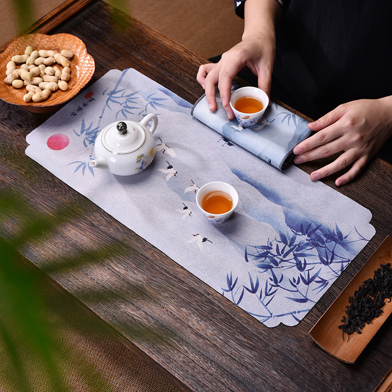 国潮茶席茶巾吸水小号干泡茶垫禅意鹿皮绒印刷茶桌布中国风茶道