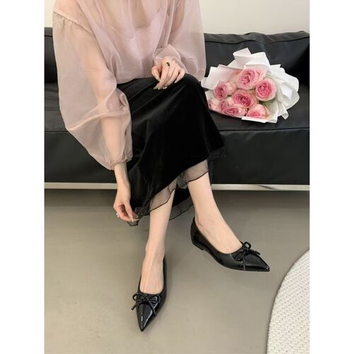 One-piece spike-toe single shoe 2024 new style temperament French insole height flat shoes shallow mouth women's butterfly knot gentle shoes