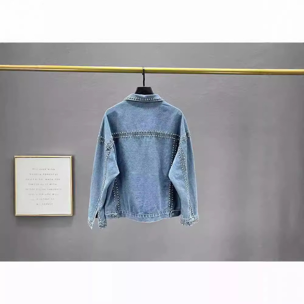 Giacca in denim oversize da donna con decorazioni di perline e diamanti – Cappotto in jeans blu vintage dalla vestibilità ampia per uno stile casual e boho_voghion.com
