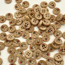 森系红樱桃四眼树脂纽扣仿木头纹衬衫扣童装毛衣针织开衫装饰纽扣