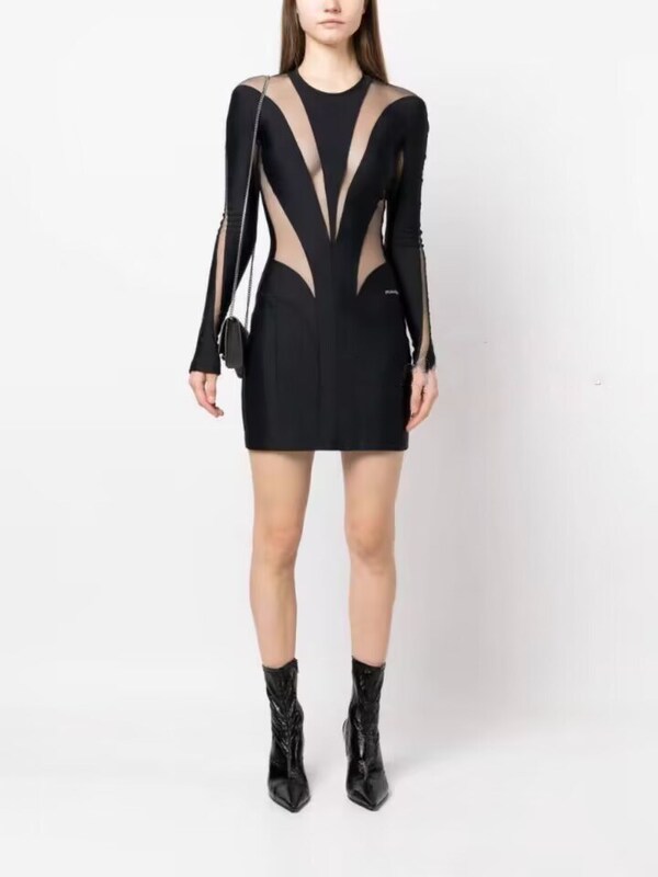 Perspective Small Black Dress European and American Niche 2023 Autumn and Winter Fashion Mesh Stitching Slim-fit Hip dress Skirt