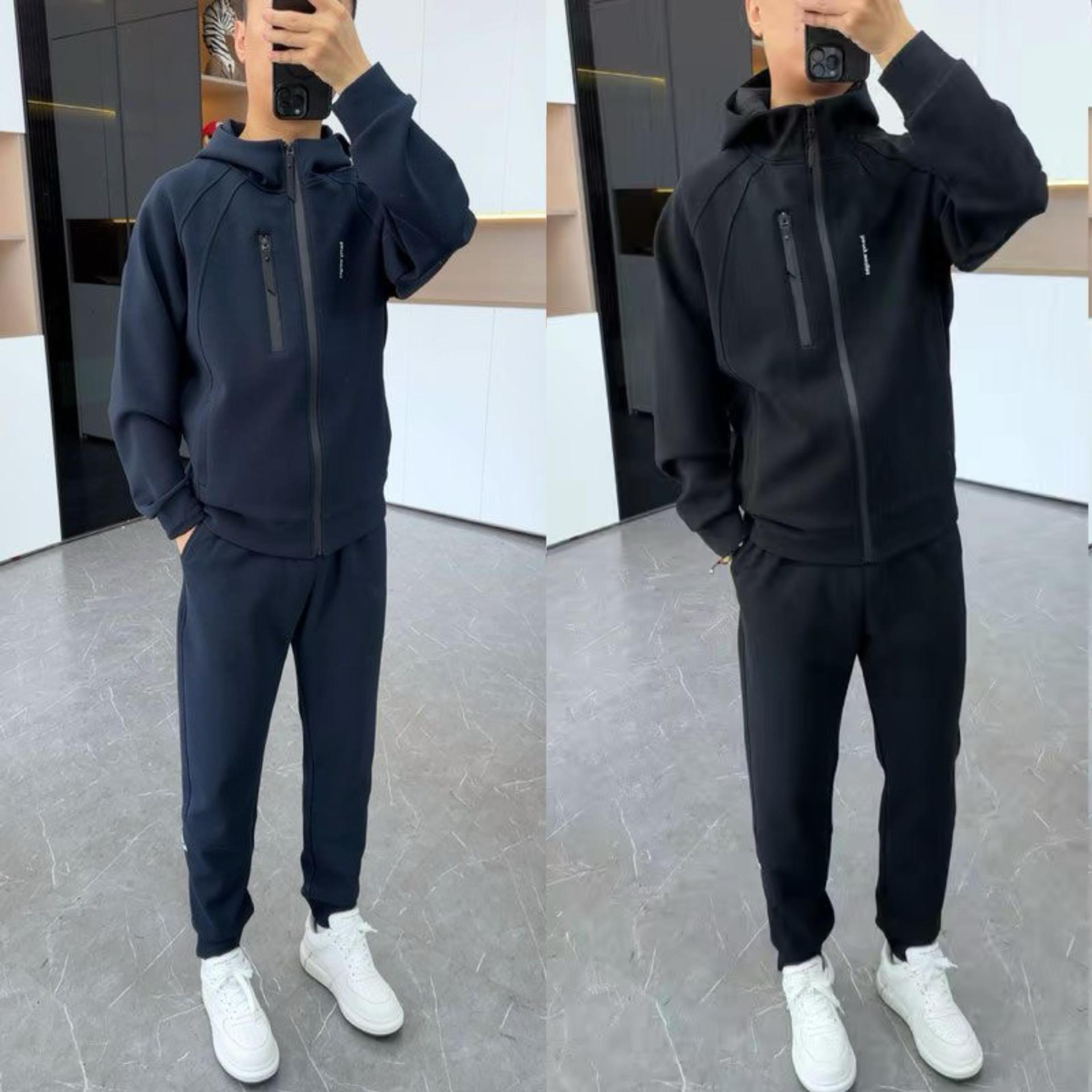 봄과 가을 새로운 후드 자켓 캐주얼 스포츠 세트 남성 패션 올매치 트렌디 지퍼 스위트 셔츠 투피스 세트