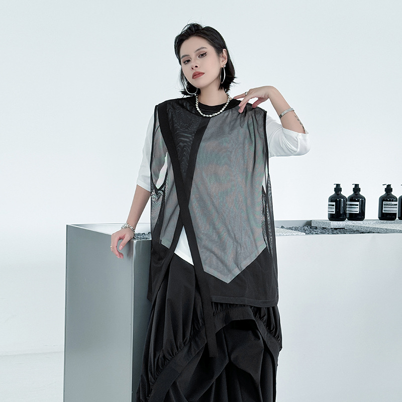 Korean Style Asymmetrical See-Through Mesh Layered Vest 2025 Spring and Summer New Loose Fashionable Versatile Sleeveless Top for Women