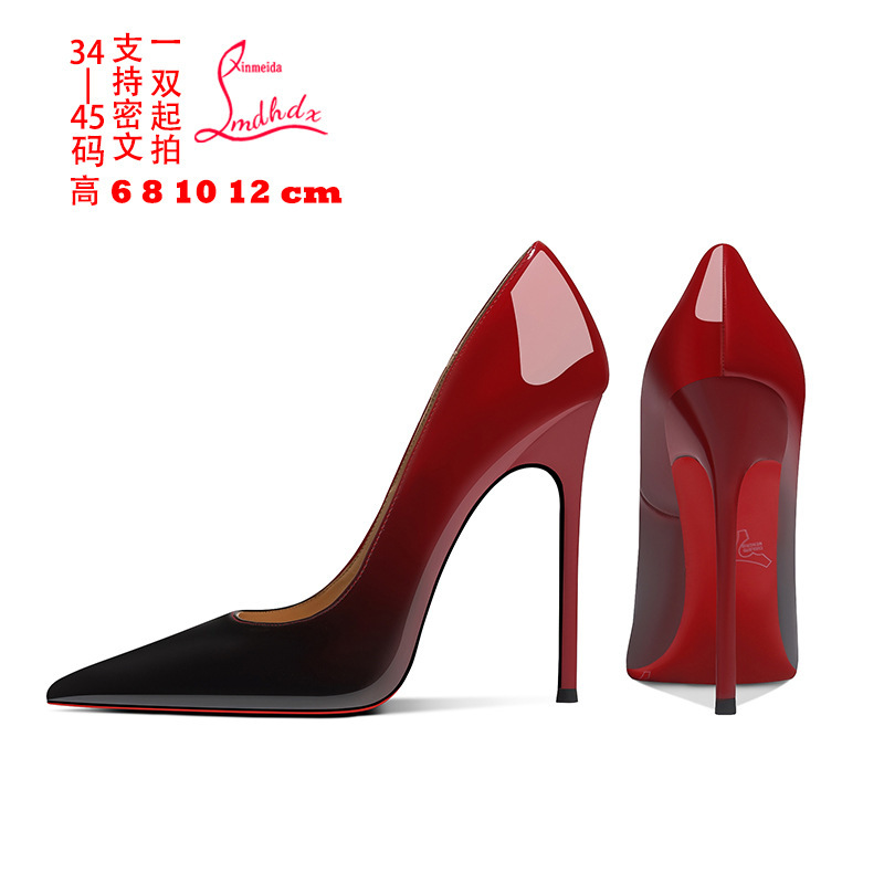 C patent leather black red gradient red bottom super high heels women's fine heel niche design sexy temperament commuter shoes l