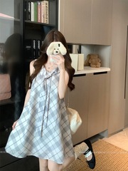法式复古格纹背心连衣裙女夏季气质宽松休闲A字裙减龄小个子短裙