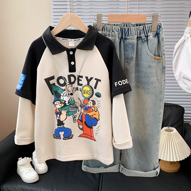 Boys' Autumn Two-Piece Polo Shirt 2026 New Style Stylish Cartoon Sweatshirt for Medium and Large Children, Casual Top