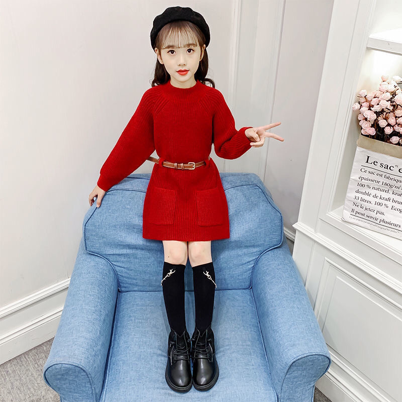 Red woolen dress, belt, increased thickness