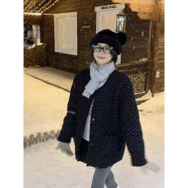 韩系设计感黑色菱格波点棉服外套女款冬季加厚保暖宽松中长款棉衣