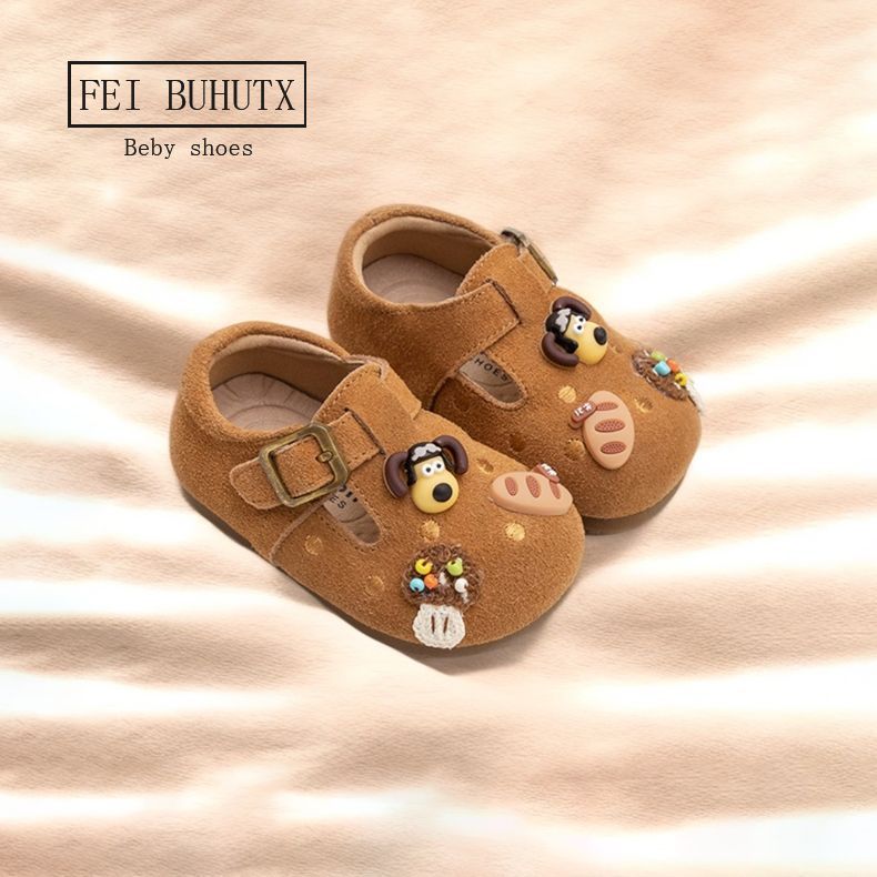 Spring and Autum 1 to 3 Year Old Girls' Birkenstock Shoes Soft-Soled Baby Toddler Shoes Boys' Flats Girls' Cute Cartoon Leather Shoes