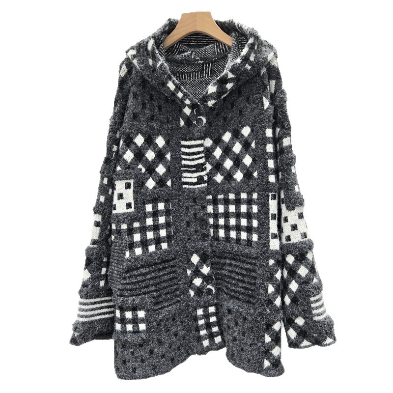Productos europeos 2025, otoño y invierno, nuevo estilo de alta calidad, jersey jacquard de punto, suéter con capuz suelto y delgado.