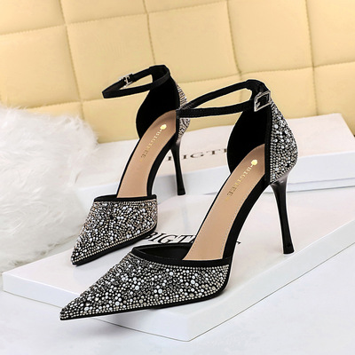 6069-2 Korean high heels summer women&apos;s shoes thin high heels shallow mouth pointed hollow Rhinestone hollow flat b