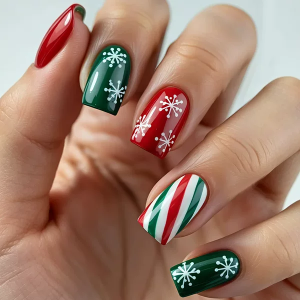 Cross-border Christmas nail strips with striped snowflakes in red and green contrasting colors, Christmas manicure, foreign trade Christmas press-on nails, fake nails