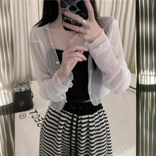 Sunscreen Ice Silk Open Cardigan Shirt for Women, Summer Shawl to Match Skirts, Outerwear Air Conditioner Cover Shirt, French Tulle Sheer Shirt