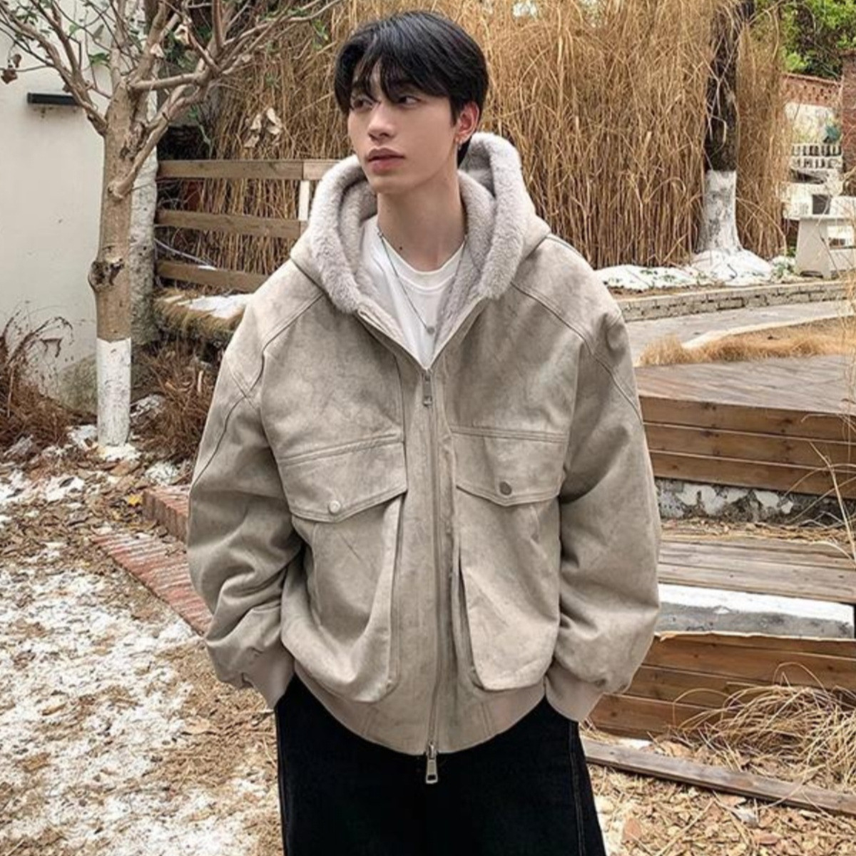 Trendy Winter New Retro Marble Texture Cotton Jacket for Men with Fleece Lining