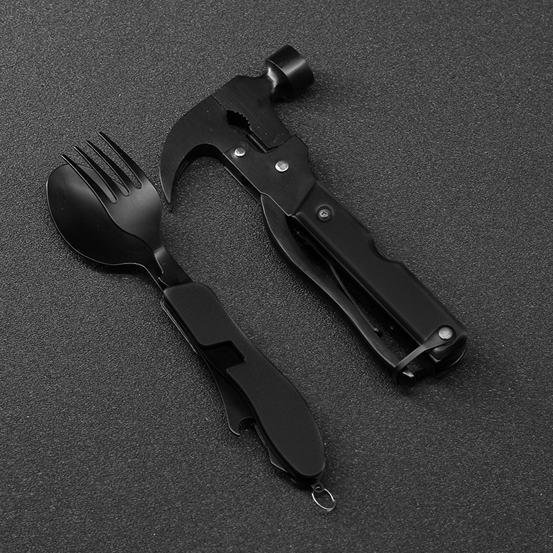 新款不锈钢多功能羊角锤车载救生锤户外刀叉勺餐具刀组合套装