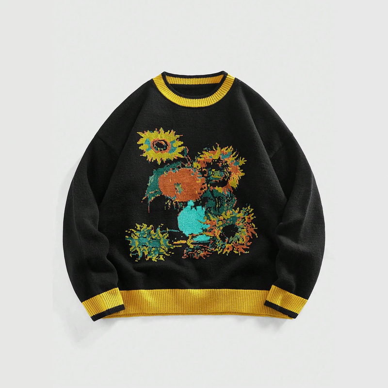 2026 American retro color-blocked yellow-trimmed round-neck sweater with Van Gogh sunflower oil painting print, loose fit with dropped shoulders, knitted 2026 American retro color-blocked yellow-trimmed round-neck sweater with Van Gogh sunflower oil painting print, loose fit with dropped shoulders, knitted