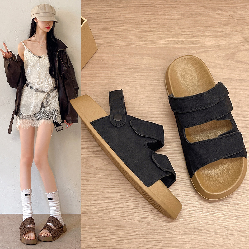 Korean-style retro leopard print sandals for women, thick-soled, height-increasing, with Velcro closure, open-toed, suitable for both shopping and home wear