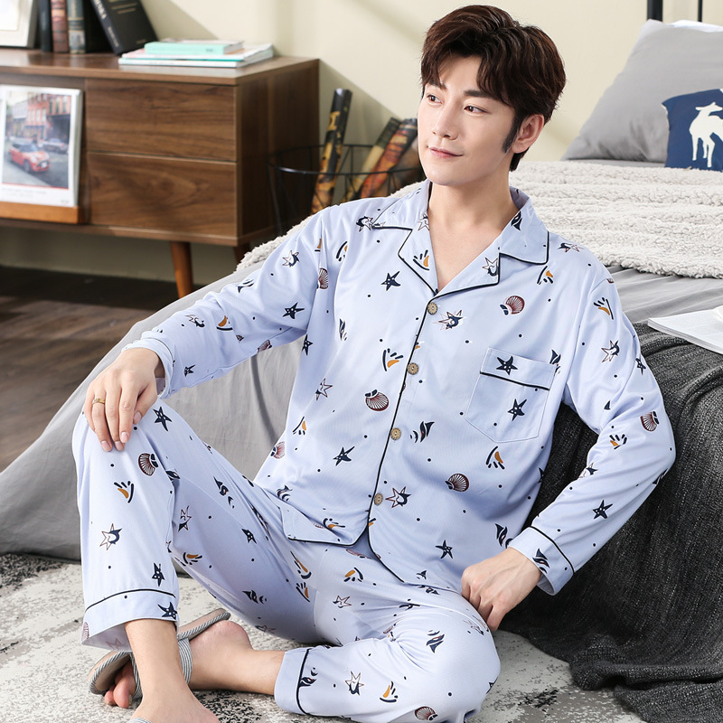 Pijamas de manga larga de los hombres de primavera y otoño de algodón cardigan casual Plaid elegante de los hombres desgaste del hogar de Otoño de algodón más traje de tamaño