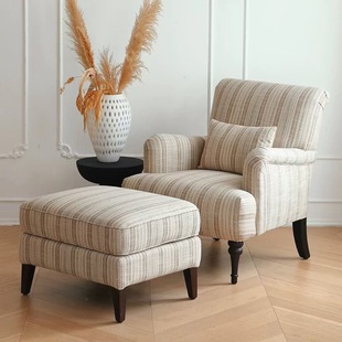 American Style Retro Tiger Chair French Simple Striped High Backrest Cotton Linen Fabric Single Sofa Chair Lazy Sofa Chair