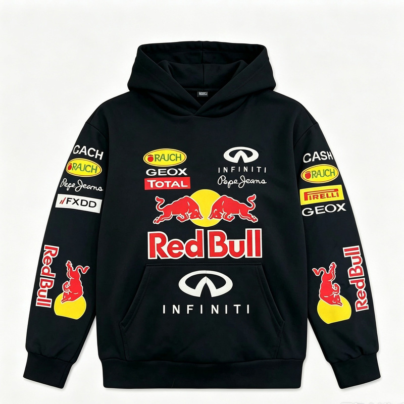 Retro Red Bull F1 Racing Hooded Sweatshirt for Men and Women, Spring & Fall Loose Embroidered Motorcycle Style Pullover Hoodie