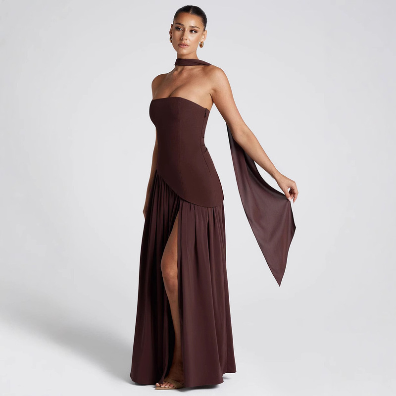 In-Stock European and American Cross-Border 2025 Summer High-End Elegant Dress with Off-The-Shoulder Neckline, Slim Fit, and Patchwork Design In-Stock European and American Cross-Border 2025 Summer High-End Elegant Dress with Off-The-Shoulder Neckline, Slim Fit, and Patchwork Design