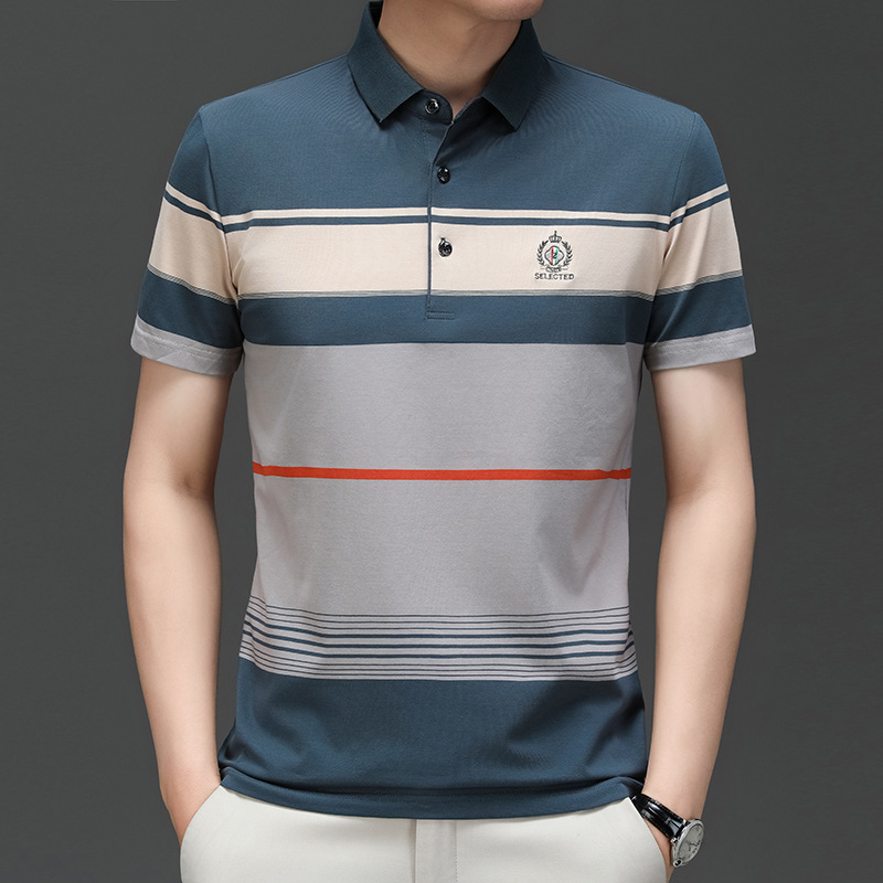 Exclusivo transfronterizo para verano nuevo estilo de algodón bordado de manga corta camiseta de hombre a rayas casual solapa de gran tamaño camisa POLO para hombre