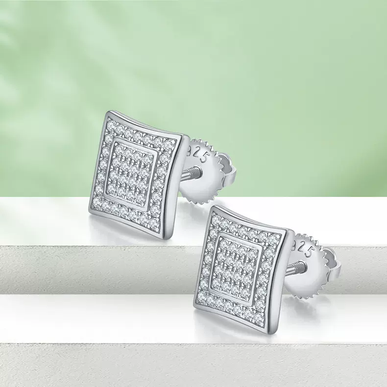 欧美嘻哈个性时尚正方形培育钻耳钉小众S925银莫桑石男士耳饰批发