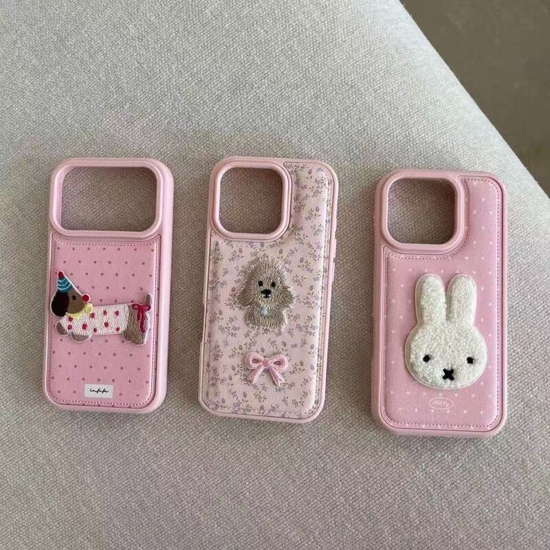 Pink Leather Pattern Embroider Cartoon Suitable for Apple 17 Mobile Phone Case 16Promax All-Inclusive Iphone13/14/12/15