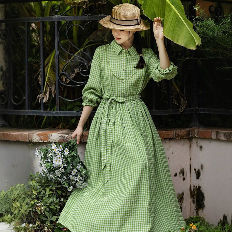 Green Dress, French-Style Linen Long-Sleeve Artistic Plaid Long Dress, Elegant Shirt Dress, Versatile Women's Clothing, Cotton-Linen Material Green Dress, French-Style Linen Long-Sleeve Artistic Plaid Long Dress, Elegant Shirt Dress, Versatile Women's Clothing, Cotton-Linen Material