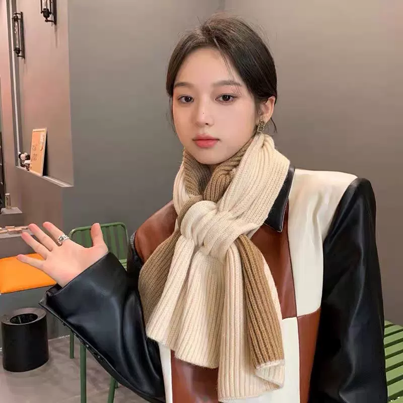 围巾女秋冬高级感御寒保暖拼色针织交叉毛线时尚可爱少女围脖冬天