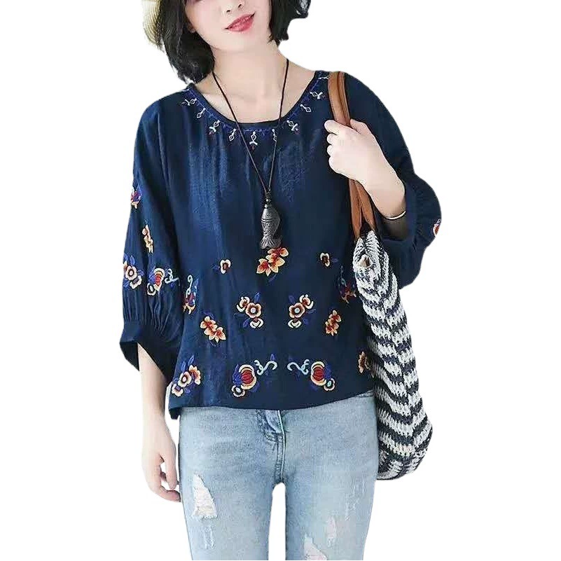 2024 Летние хлопчатобумажные и льняные женские топы с вышивкой национального стиля топы