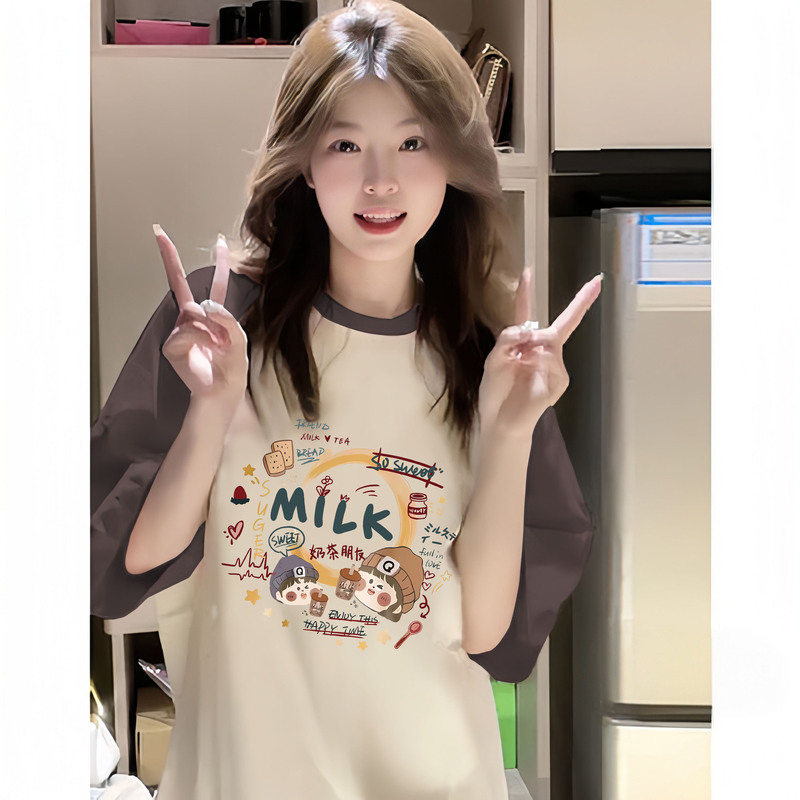 Raglan Short-Sleeve T-Shirt for Women, American-Style Design for Friends Drinking Milk Tea Together, Student Slim-Fit Loose Pure Cotton Top Raglan Short-Sleeve T-Shirt for Women, American-Style Design for Friends Drinking Milk Tea Together, Student Slim-Fit Loose Pure Cotton Top