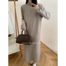 韩版JI简风卷边半高领针织连衣裙中长裙宽松直筒打底裙春秋冬大码