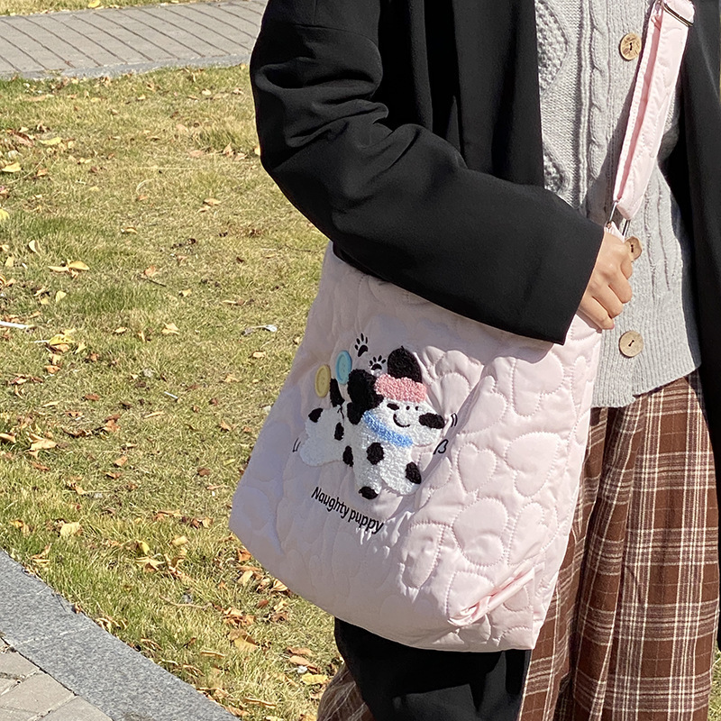 日系绗缝刺绣托特布包调节斜挎单肩包包女慵懒ins大容量秋冬斜挎|undefined