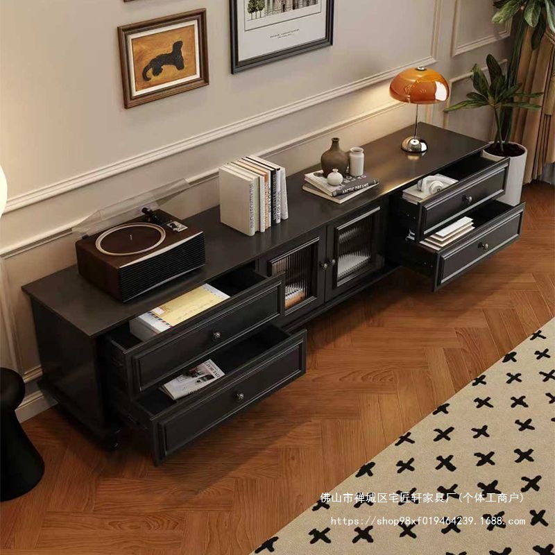 Solid Wood French-Style Tv Cabinet for Living Room, Black American Retro Small Apartment Tall Floor Cabinet Coffee Table Tv Cabinet Combination