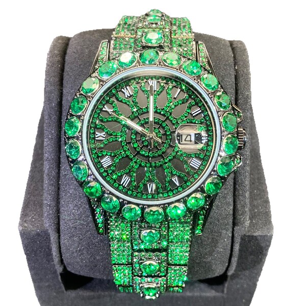 Quality trend green swiss watch hip-hop style with rhinestones