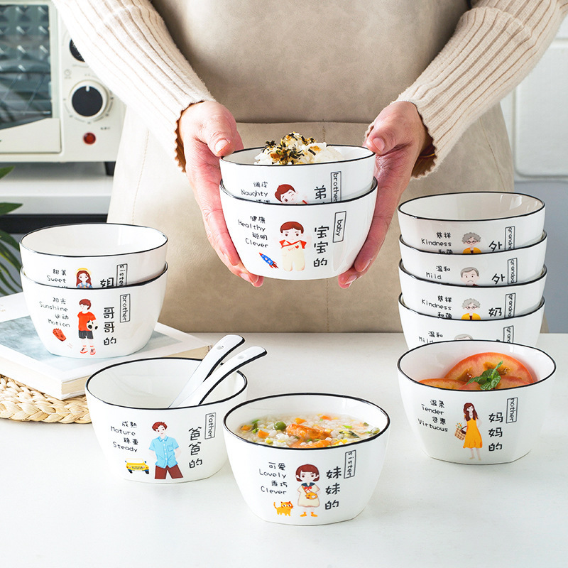 Unique family dining cartoon bowl and plate set, new household parent-child bowl set, household divided dish set, ceramic Unique family dining cartoon bowl and plate set, new household parent-child bowl set, household divided dish set, ceramic